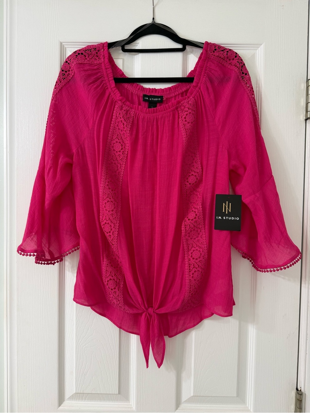 Tie-Front Lace Crochet Blouse - Fuchsia Pink Boho Peasant Sheer Feminine Femme